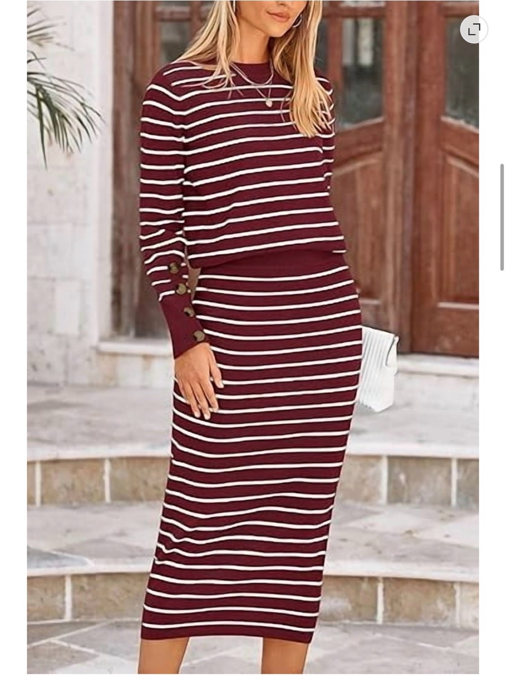 Striped Burgundy & White Knit Sweater skirt set (Top & Skirt)
